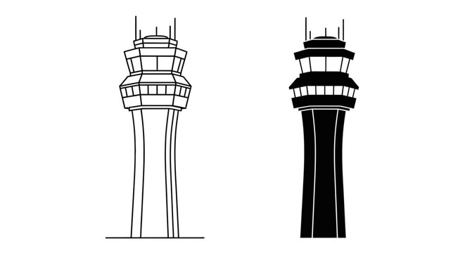 A pair of air traffic control towers are depicted in contrasting black and white designs showcasing architectural detail silhouette high quality professional detailed modern