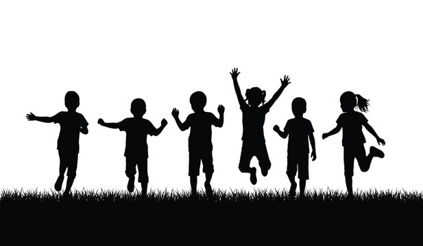 A group of children joyfully jumping and playing in a grassy field their forms depicted as a striking silhouette high quality professional detailed modern