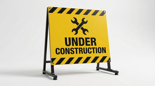 Under construction sign on yellow metal stand with wrench icons isolated on a white background