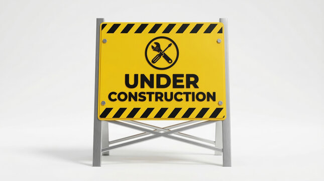 Under construction sign with tools on a metal stand isolated on white background for industrial projects