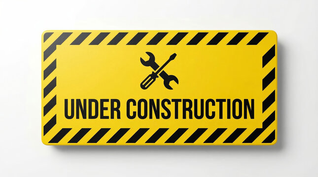 Under construction sign with wrench and screwdriver icons on yellow and black warning background for website