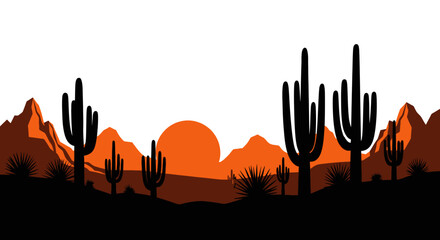 A striking desert landscape is depicted with dark silhouetted cacti and mountains against a vibrant orange sunset creating a dramatic silhouette high quality professional © Itz