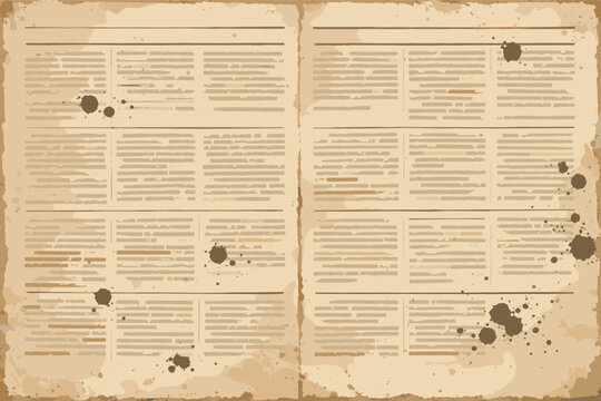 Vintage Aged Newspaper Background with Faded Text and Scattered Ink Blots, Old Paper Texture with Deckled Edges and Antique Look, Retro Newspaper Layout for Graphic Design and Scrapbooking