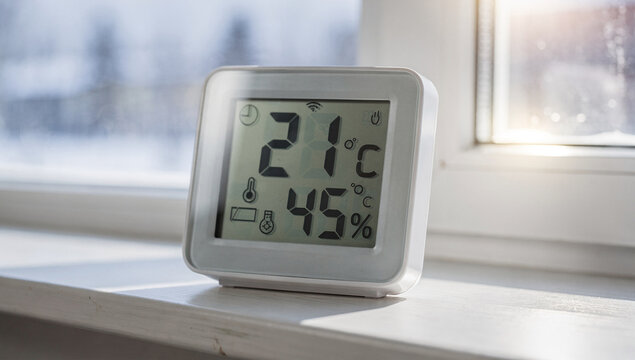 A modern digital thermometer displaying the temperature in a cozy room.