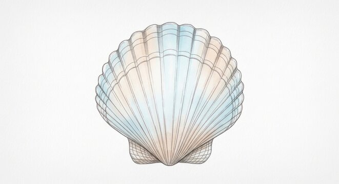 Delicate Scallop Shell Illustration with Fine Lines and Soft Pastel Washes