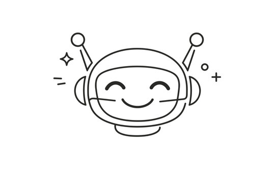 Friendly Continuous Line Art Robot Head with Smiling Face and Antennae, Minimalist Vector Illustration of a Cute Artificial Intelligence Chatbot Character for Technology and Customer Support.