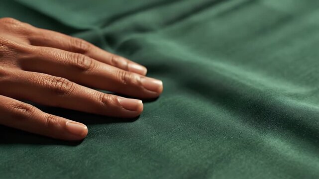 Close up of a hand gently touching smooth deep green silk fabric showing its luxurious texture and soft sheen with subtle highlights under studio lighting