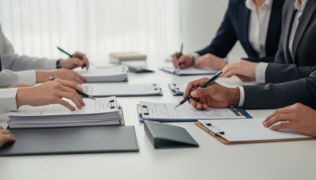 Medium shot of healthcare office staff collaborating over workers compensation claims clear focus on paperwork and hands with an outoffocus background creating depth.