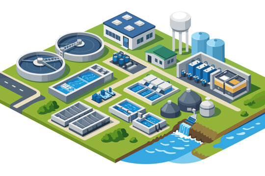 Isometric vector illustration of a modern water treatment plant facility featuring purification tanks, filtration systems, industrial buildings, and a water tower near a river for utility.