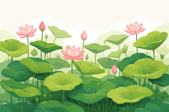 Elegant vector illustration of a serene lotus pond featuring vibrant pink blossoms, delicate buds, and expansive green lily pads against a soft, airy background for nature-themed projects.