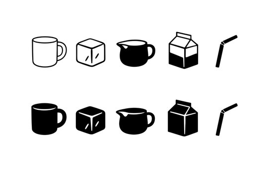 Set of minimalist coffee and beverage icons featuring a ceramic mug, ice cube, creamer pitcher, milk carton, and drinking straw in both outline and solid silhouette styles for graphic design.