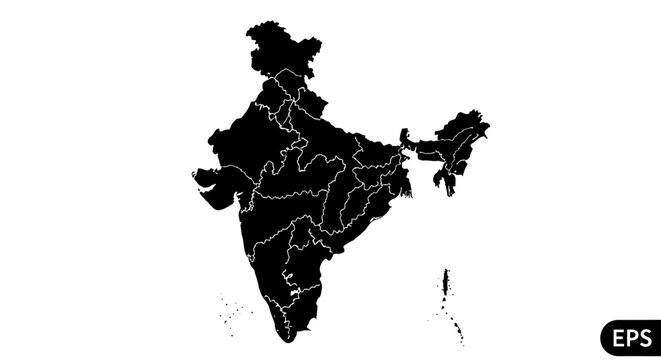This graphic presents a detailed black outline of the indian subcontinent showcasing its geographical boundaries and states as a silhouette high quality professional modern