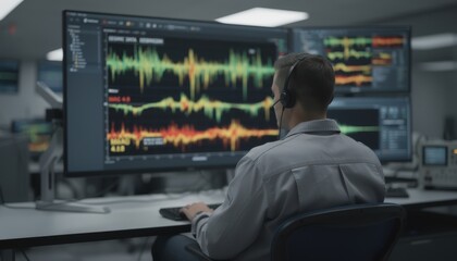 Fototapeta premium Technician monitoring seismic activity on a screen measuring earthquake parameters while the environment behind remains blurred for emphasis.
