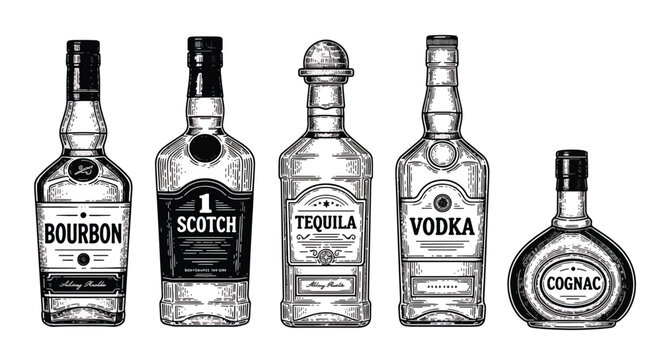 Classic engraved style alcohol bottles featuring tequila, bourbon, cognac, scotch, and vodka with detailed linework labels in vintage monochrome illustration style