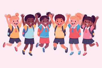 Obraz premium Joyful diverse group of children jumping with backpacks celebrating education