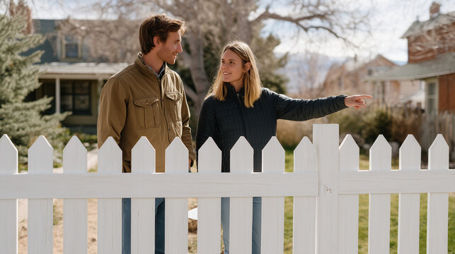 Two homeowners standing on either side of freshly painted fence, one pointing at encroachment marker, surveyor notes in hand, property dispute resolution, suburban spring lawn, before and after boun