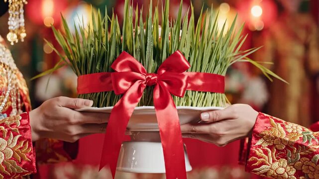 Novruz holiday semeni displayed with red ribbon and traditional clothing celebrating persian new year tradition