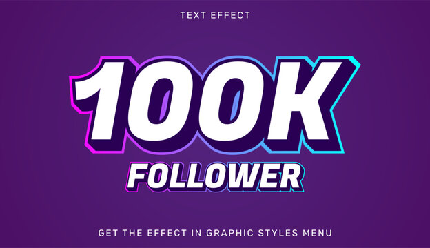 A graphic design celebrating 100,000 followers with a vibrant text effect on a purple background