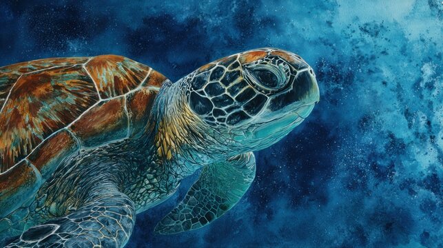 Sea turtle underwater close up view with textured shell and blue water