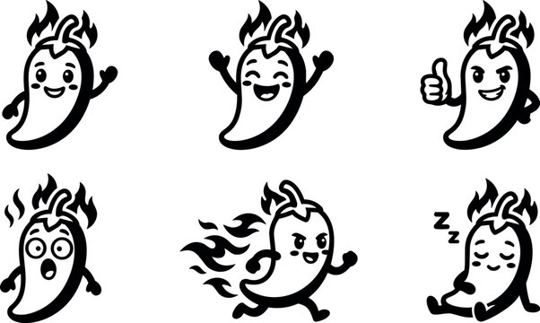 Black and white line art chili pepper emojis with flames showing different emotions