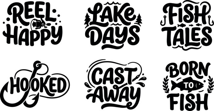 Black and white fishing phrases with hooks fish and lake trees vector art
