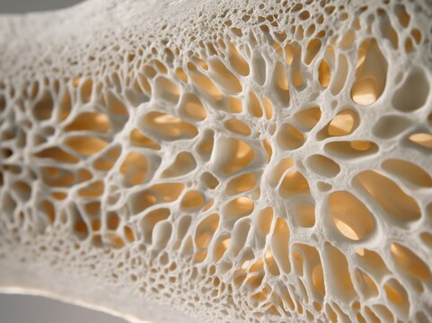 Close-up view of porous bone tissue structure with intricate network of trabeculae