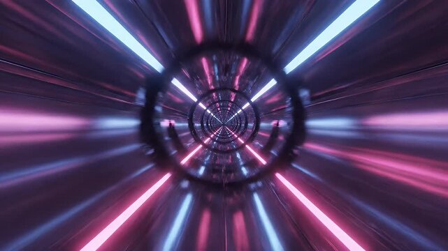 Sci-Fi Tunnel with Pink and Blue Lights - This video shows a metallic tunnel illuminated with alternating pink and blue lights that recede into the distance.
