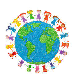 Naklejka premium Children holding hands around earth drawing on white background