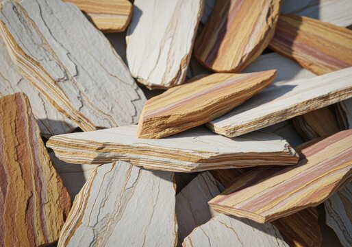 Layered Sandstone Tiles Piled in Sunlight for Architectural and Interior Design Textures