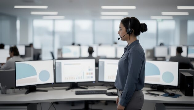 Medium shot of a call center supervisor observing AI claim dispatch feeds on multiple monitors with screens sharply in view and the busy office softly blurred.