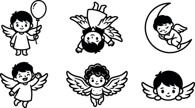 Cute black and white cherub angels with wings in various poses holding balloon and sleeping on moon vector art