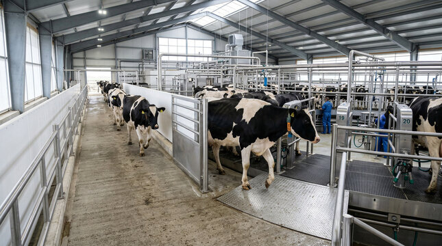 holstein cows entering modern automated dairy facility with stainless steel equipment