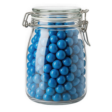 A glass jar filled with blue gumballs