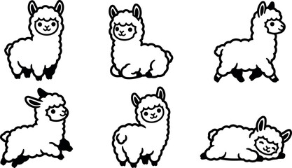 Fototapeta premium Black and white line art six cute alpacas in different poses