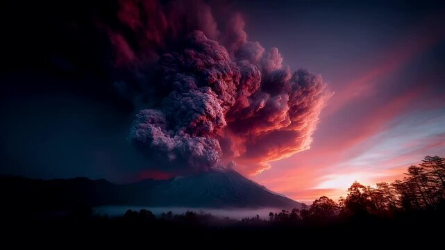 Outdoor exploration adventure. A dramatic landscape photograph captures a volcanic eruption. A large plume of smoke rises from the top of a mountain.