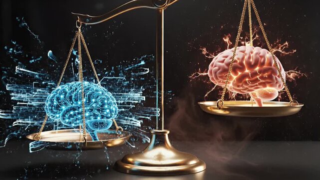 Balancing Artificial and Human Intelligence - This video depicts a set of scales with two brains, one glowing blue and circuit-like, and the other glowing red.