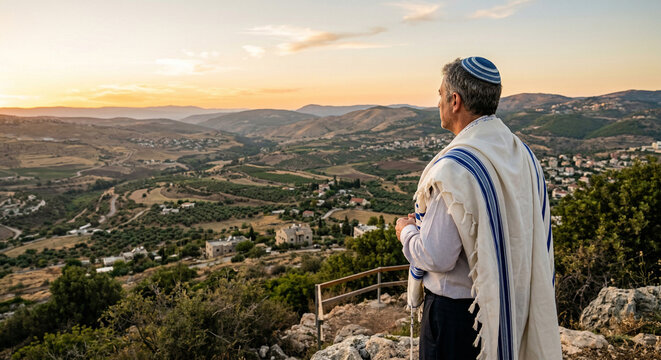 A man wearing a tallit stands on a rocky outcropping at sunset, observing the valley below.