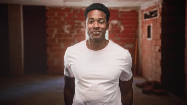 Man raising hands to head and making a silly antler gesture with fingers near ears in an unfinished brick building, wearing a white t shirt and smiling; playful spontaneity.