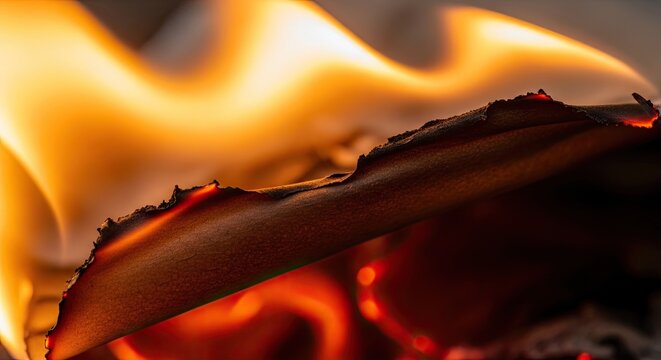 Close up of burning paper with flames and glowing embers abstract background