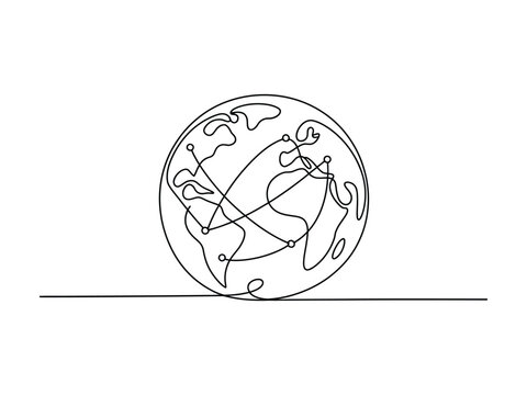 Simple line drawing of a globe with connected lines and dots on white background  representing global connections line art