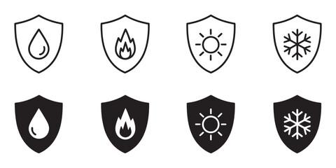 Obraz premium Waterproof fireproof sunproof frostproof icon label set, durability weather resistance symbol, protective safety sign vector illustration for product packaging