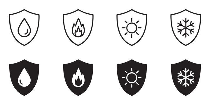 Waterproof fireproof sunproof frostproof icon label set, durability weather resistance symbol, protective safety sign vector illustration for product packaging