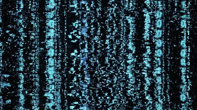 Futuristic Digital Glitch with Blue Binary Code Matrix and Horizontal Distortion Lines for Cybersecurity Backgrounds.
