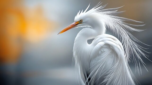 Elegant Great Egret Portrait with Intricate Breeding Plumage Against Soft Gradient Hues.