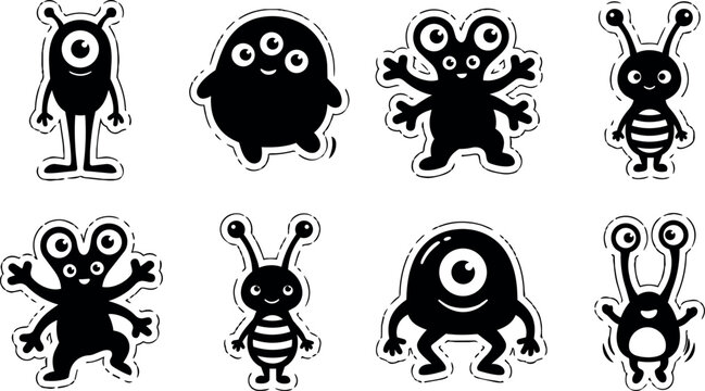 Black and white cute alien monster characters with one and three eyes vector art
