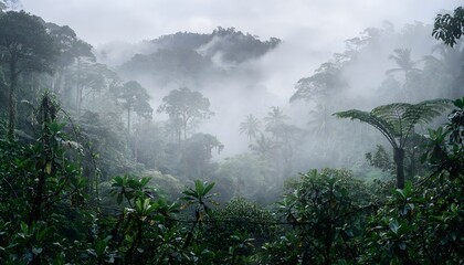 Fototapeta premium Misty tropical rainforest with dense green foliage and fog rolling through the valleys and over distant hills, creating a mysterious and serene natural landscape.