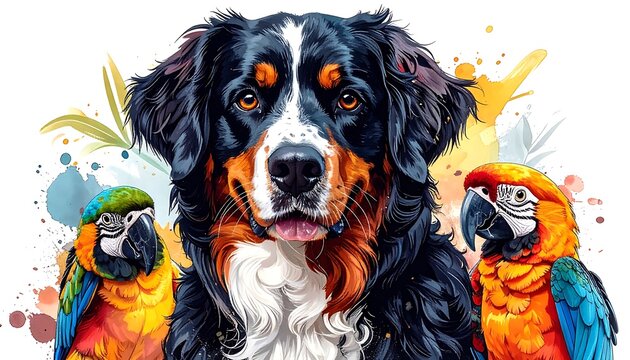 Dog and two parrots