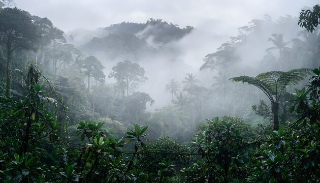 Misty tropical rainforest with dense green foliage and fog rolling through the valleys and over distant hills, creating a mysterious and serene natural landscape.
