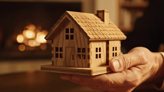 Miniature Wooden House Held in Hands - A detailed miniature house constructed of wood is gently held in the hands. In the background is a blurred fireplace, creating a warm and inviting atmosphere.