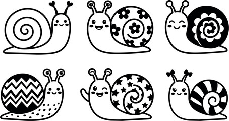 Fototapeta premium Black and white cartoon snails with various shell patterns line art